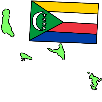 the shape of the islands of Comoros in green, and with the flag of Comoros. the flag is a green chevron with a white cresent moon and four white stars, with four horizontal stripes: yellow, white, red, and blue. 